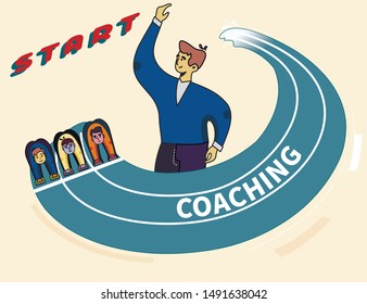 Start Coaching Invitation Flat Metaphor Cartoon. Tiny Male People, Students at Beginning of Running Track Road. Big Man Coacher Standing with Raised Hand. Marathon, Achieve Goal. Vector Illustration