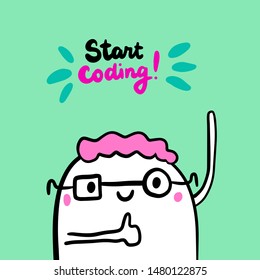 Start coding hand drawn vector illustration in cartoon style minimalism programmer pink hair