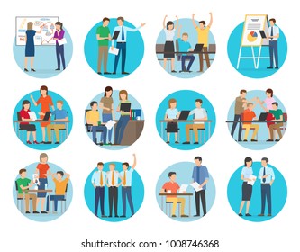 Start up collection of images with people at work, discussions and negotiations, teamwork and success, vector illustration isolated on white