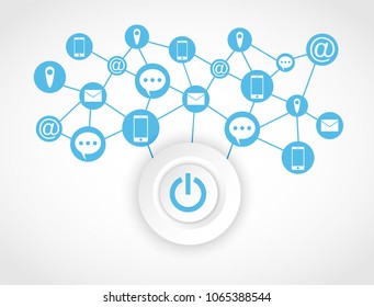 Start communication technology service concept.  white start button and blue icon communication social media on white background .vector