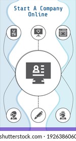 start a company online editable infographic template with icons of Call center, CV, Slider, Pen, Presentation, Certificate