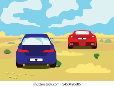 Start of the competition in the windy desert. Vector illustration. Two cars prepared to move to the horizon in the wilderness, back view.
