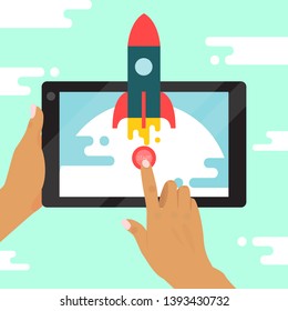 Start up concept banner vector illustration. Rocket ship. New business project startup development and launch a new innovation product on a market. Creative idea. Management.