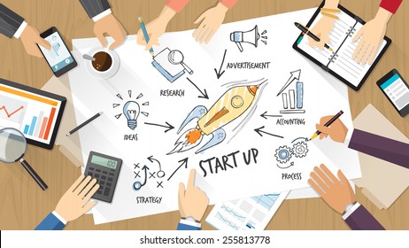 Start up concept with business people working on a desk together and sketching ideas on a poster