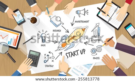 Start up concept with business people working on a desk together and sketching ideas on a poster