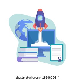 Start up concept. Business project, rocket on screet flight up. Self education, investments in online company. Go to success vector concept