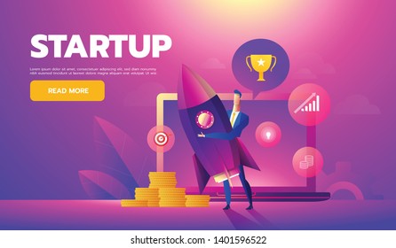 Start up concept. Businessman holds a flying rocket in hand, symbol of start of project's launch. Vector illustration cartoon flat design
