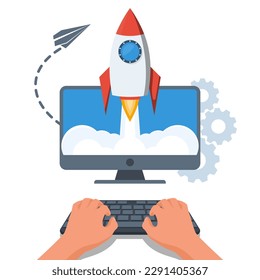 Concepto de inicio. Un hombre de negocios inicia un proyecto mientras trabaja en una laptop. Cohetes voladores, símbolo del inicio del proyecto. Diseño plano de dibujos animados de ilustraciones vectoriales. Metáfora comercial.