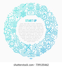 Start up concept in circle with thin line icons of development, growth, success, idea, investment. Vector illustration for banner, web page, print media with place for text inside.