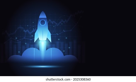 Start up concept with Financial graph and rocket launch on blue chart color background