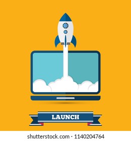 Start up concept. Flat style rocket icon and desktop computer. EPS10 vector illustration.