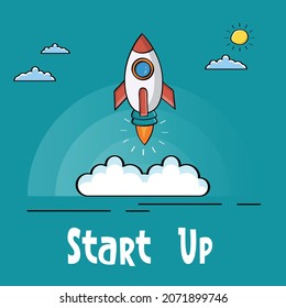 start up concept - glowing rocket launch. Trendy flat vector rocket icons on green background. cartoon vector concept.hand drawn vector illustration.outline effect