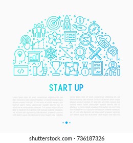 Start up concept in half circle with thin line icons of development, growth, success, idea, investment. Vector illustration for banner, web page, print media with place for text.