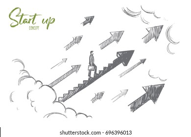 Start up concept. Hand drawn businessman start to climb up growth stair. Successful business isolated vector illustration.