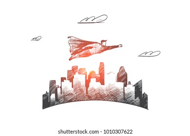 Start up concept. Hand drawn superhero flying under skyscrapers. Flying hero as symbol of start of new business isolated vector illustration.