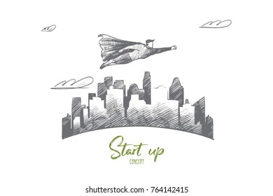 Start up concept. Hand drawn superhero flying under skyscrapers. Flying hero as symbol of start of new business isolated vector illustration.