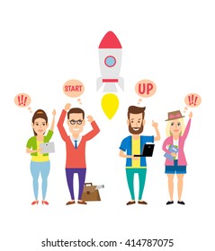 start up concept illustration.young business team men and women and rocket isolated on white background.
