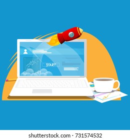 Start up concept with laptop, rocket and coffee. Vector cartoon illustration.