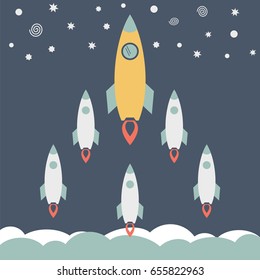 Start up concept. Leadership and teamwork concept. Rocket ship in a flat style. Space traveling. Vector illustration 