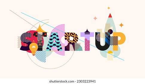 Start up concept lettering. Business poster with colorful letters, icons and abstract geometric shapes. Art decoration inscription.