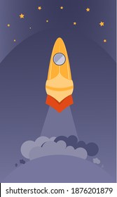 El Concepto De Inicio Parece Un Lanzamiento De Cohetes Espaciales. Se puede usar para presentación, página web, folleto. Ilustración vectorial en estilo plano. Cohetes que parten desde la Tierra hasta el cielo estrellado.