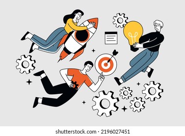 Start up concept. Man and woman on rocket near target. Entrepreneurs or businessmen, employees working on common project. Innovations and ideas, brainstorming. Cartoon flat vector illustration