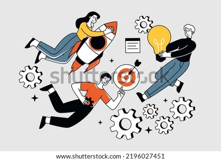 Start up concept. Man and woman on rocket near target. Entrepreneurs or businessmen, employees working on common project. Innovations and ideas, brainstorming. Cartoon flat vector illustration