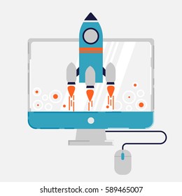 Start up concept in modern flat style. Computer monitor with soaring rocket upwards.