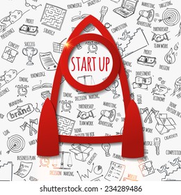 Start up concept with paper rocket and hand drawn pattern. Background pattern is seamless. Vector illustration 
