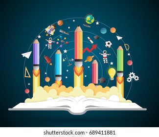 Start up concept. pencils rocket flying education concept,vector