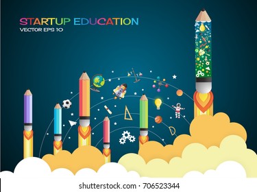 Start up concept. pencils rocket flying education concept,vector