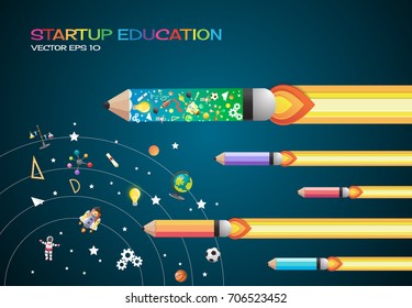 Start up concept. pencils rocket flying education concept,vector