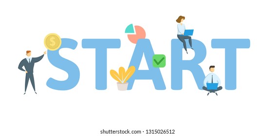 START. Concept with people, letters and icons. Colored flat vector illustration. Isolated on white background.