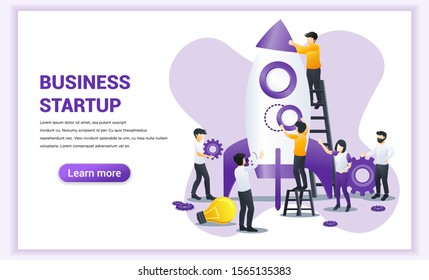 Start up concept with people are working together building a rocket for launching new business start up. Can use for web banner, infographics, landing page, web template. Vector illustration