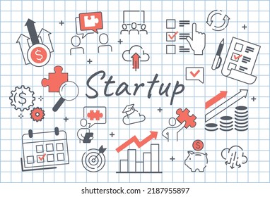 Start up concept. Poster or banner for website. Graphs, coins and piggy bank on checkered background. Business, organization. Economics and financial literacy. Cartoon flat vector illustration