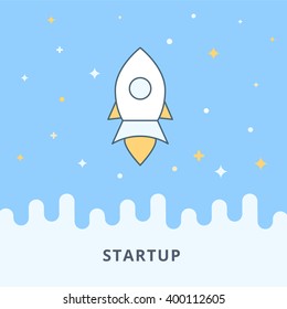 Start up concept poster with rocket and star in sky. Launch new business icon. Flat illustration banner. Modern space creative concept