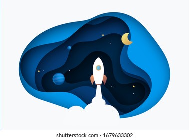 Start up concept. rocket flying on the galaxy,paper cut.vector illustration. background for business