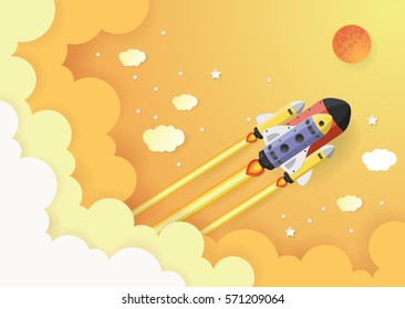 Start up concept. rocket flying on the sky,paper art