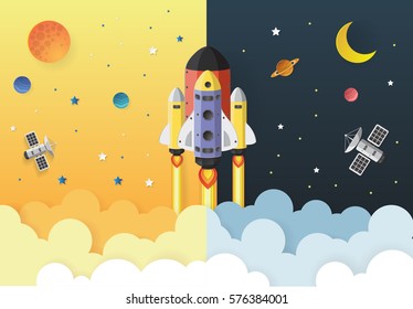 Start up concept. rocket flying on earth,paper art