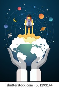 Start up concept. rocket flying on earth,paper art