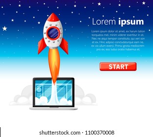 Start up concept. Rocket flying in space. Innovation product,creative idea. Business project startup, launching new product or service. Red start button. Open space background.