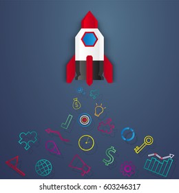 Start up concept , rocket launch , set of icons , paper art style