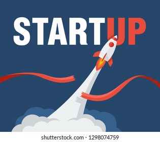 Start Up concept - rocket launching into space and  cuts the red ribbon - cartoon spaceship with smoky track and thematical headline - vector illustration 