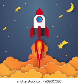 Start up concept , rocket , paper art style