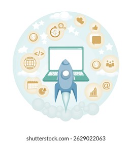 Start up concept. A rocket symbolizing a Start up launch, surrounded by technology and growth-related. Emphasizes innovation, progress, and start up.