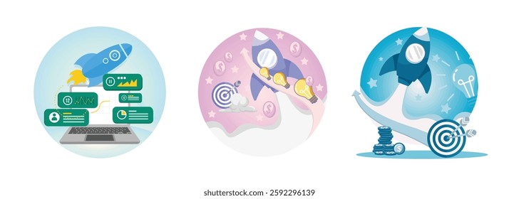 Start up concept, showcasing innovation, financial growth. Business development symbolized by a rocket representing progress and light bulbs for ideas. Rocket launching from a digital network.