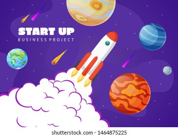 Start up concept space background with rocket and planets. Web design. Space exploring vector illustration.
