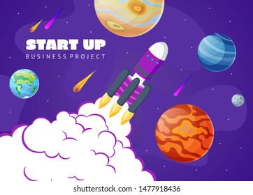 Start up concept space background with rocket and planets. Web design. Space exploring vector illustration.