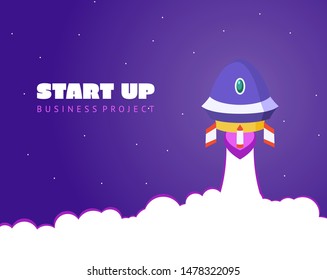 Start up concept space background with rocket and planets. Web design. Space exploring vector illustration.