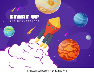 Start up concept space background with rocket and planets. Web design. Space exploring vector illustration.